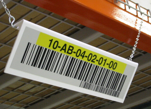 hanging warehouse location sign with barcode