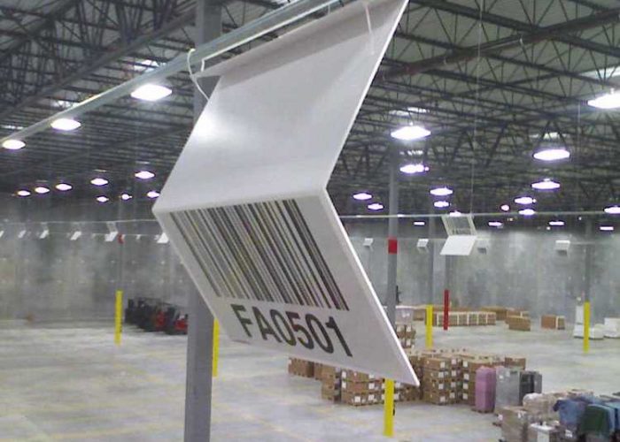 Z shaped overhead warehouse location sign