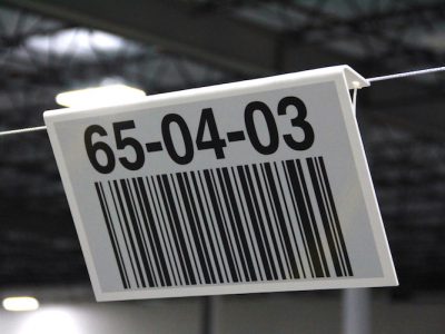 overhead warehouse location barcode sign