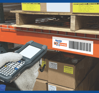 freezer-grade warehouse location label with barcode scanner